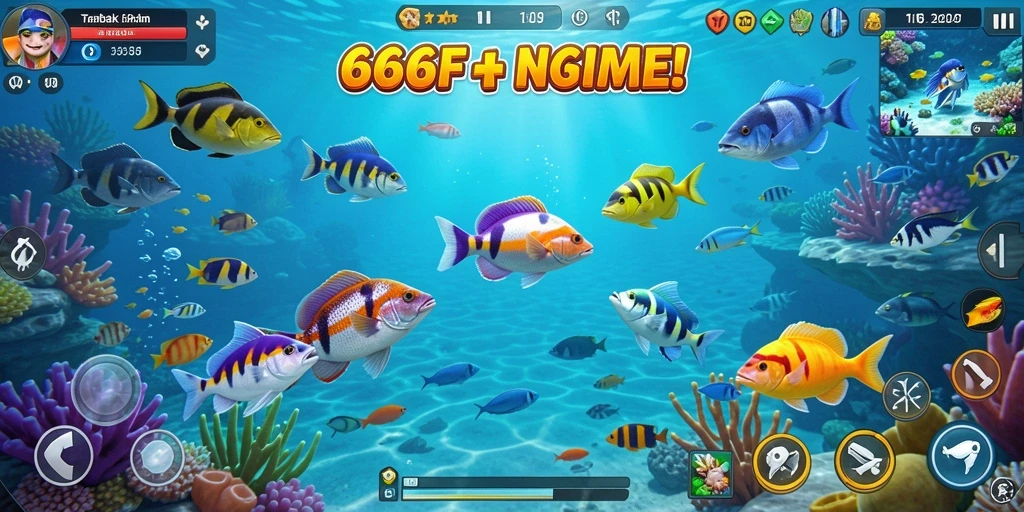 Tampilan gameplay menarik dengan berbagai ikan untuk ditembak.