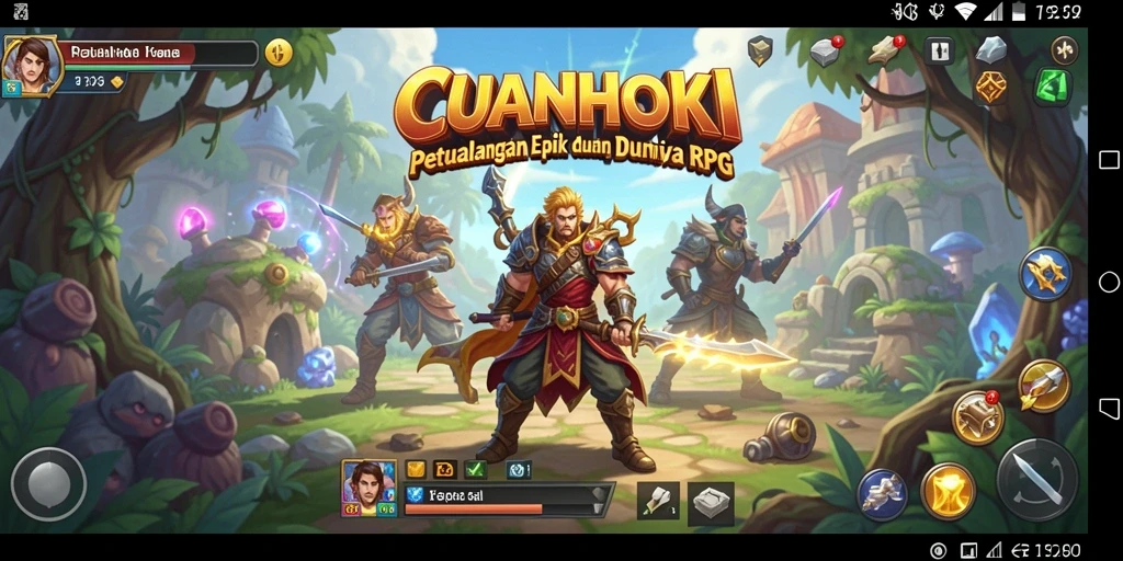Tangkapan layar utama CUANHOKI menampilkan pertarungan epik antara karakter heroik dan monster.
