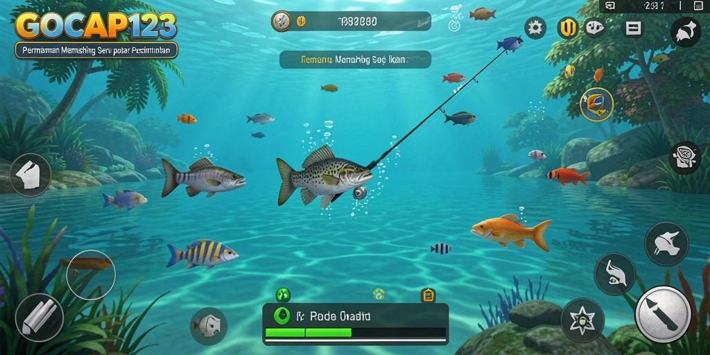 Tampilan gameplay GOCAP123 dengan momen menangkap ikan yang mendebarkan.