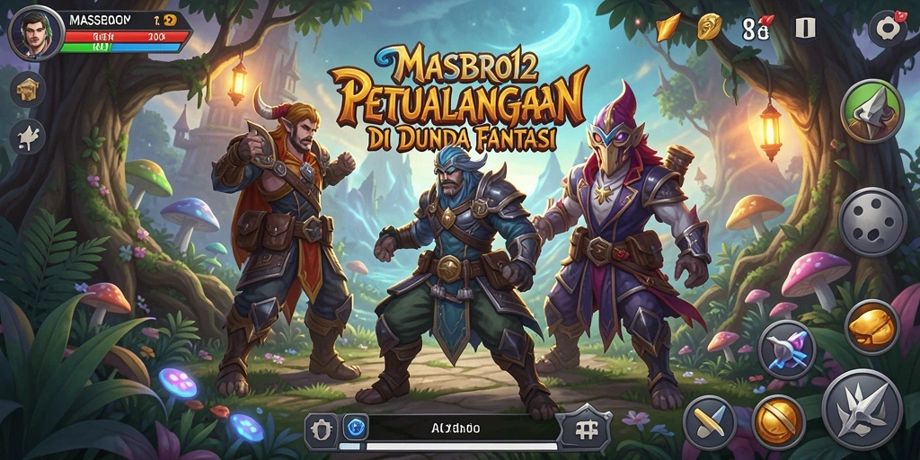 Tangkapan layar gameplay menampilkan karakter utama menjelajahi dunia fantastis MASBRO12.