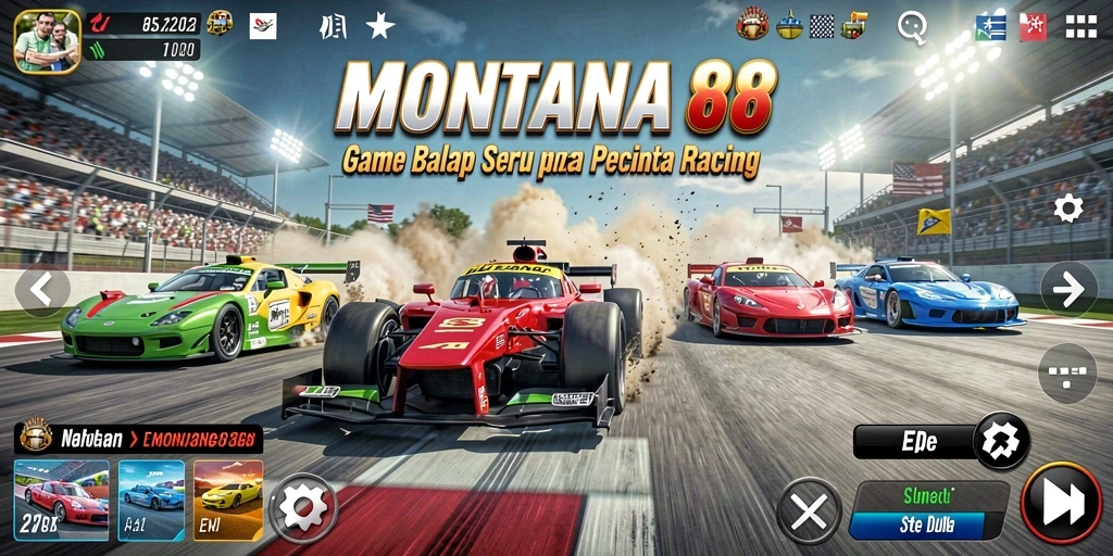 Tampilan gameplay MONTANA88 dengan balapan yang penuh aksi dan mobil beragam.